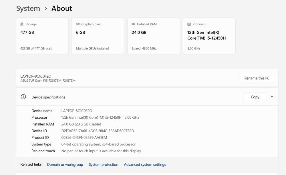 Ігровий ноутбук Asus TUF Dash F15 FX517Z / 24 Gb RAM/ 6 Gb GPU / 15.6"