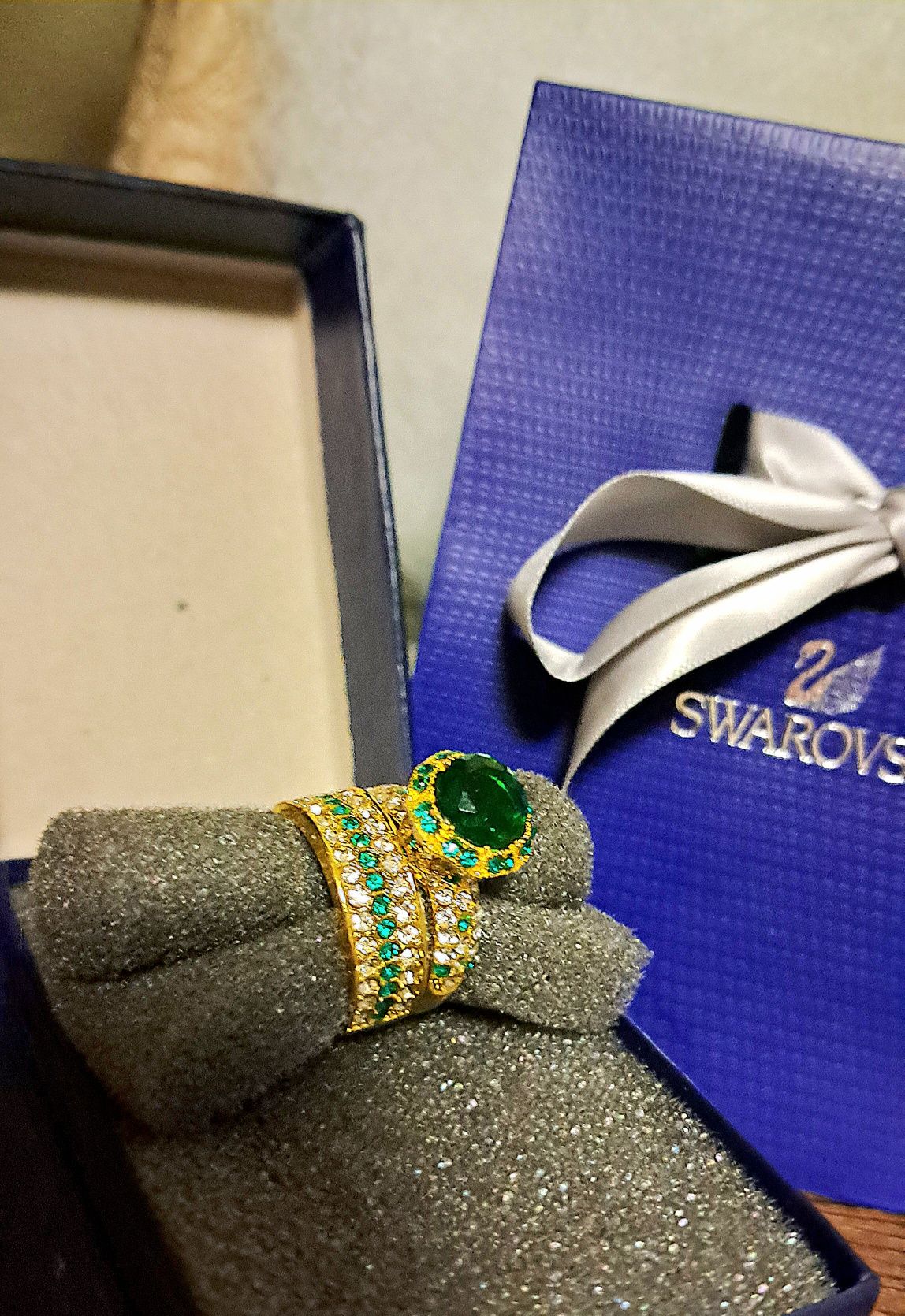 Серебряное кольцо двойное с позолотой камни Swarovski