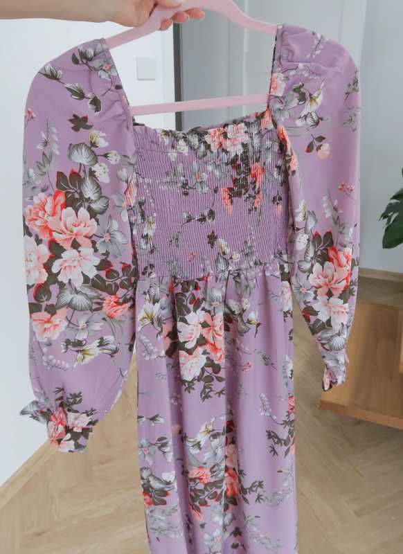 Liliowa sukienka w kwiaty S fioletowa boho wesele