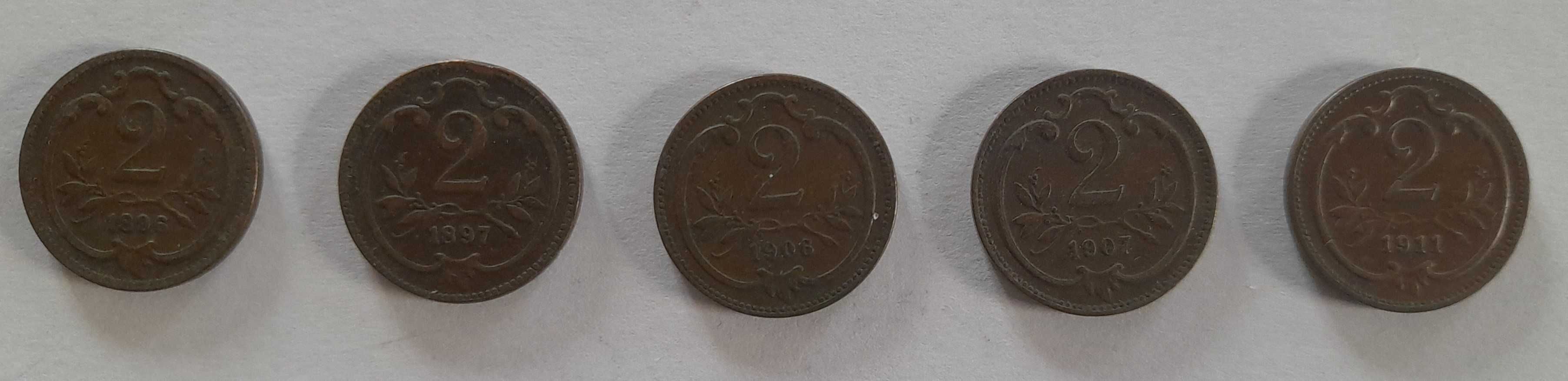 2 halerze. Austria. 5 szt. 1896,1897,1906,1907,1911