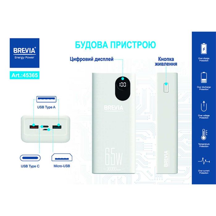 Повербанк (Power Bank) Brevia 30000mAh 65W Li-Pol, LCD