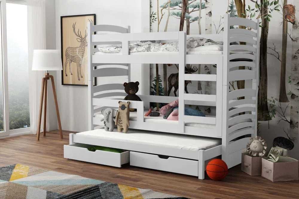 Piętrowe łóżko dziecięce OLAF z drewna sosnowego dla 3 os.