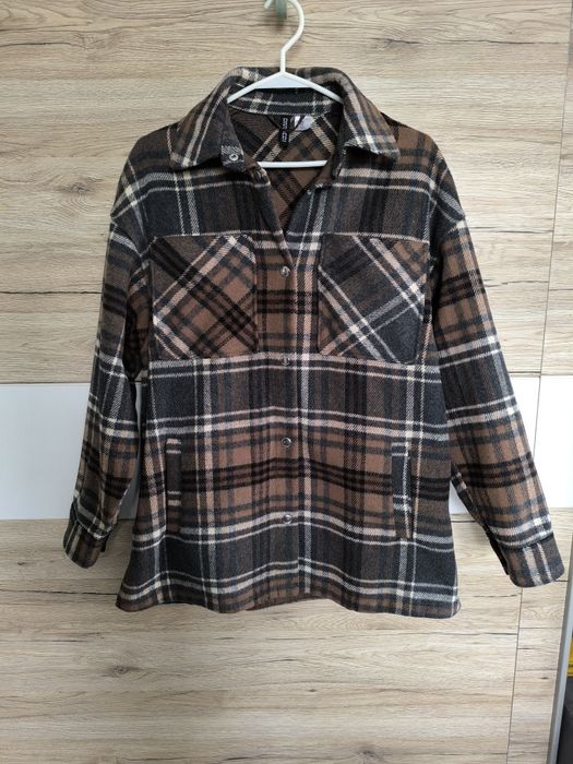 Kurtka koszulowa w kratę z wełną H&M, oversize