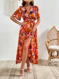 Sukienka Maxi Z Kopertowym Dekoltem Pasek Casual Pomarańczowa L 40
