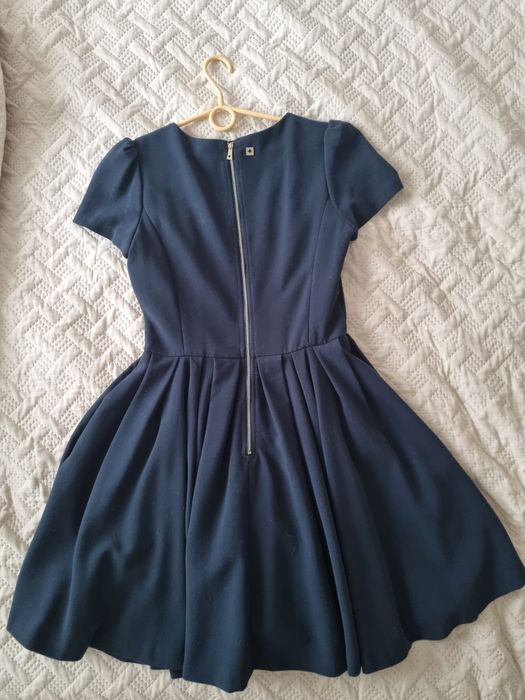 Sukienka granat koło tiffi egzamin jesień święta midi rozkloszowana