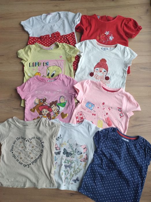 Zestaw 98 Koszulki mix wzorów i kolorów kotki motylki kropki