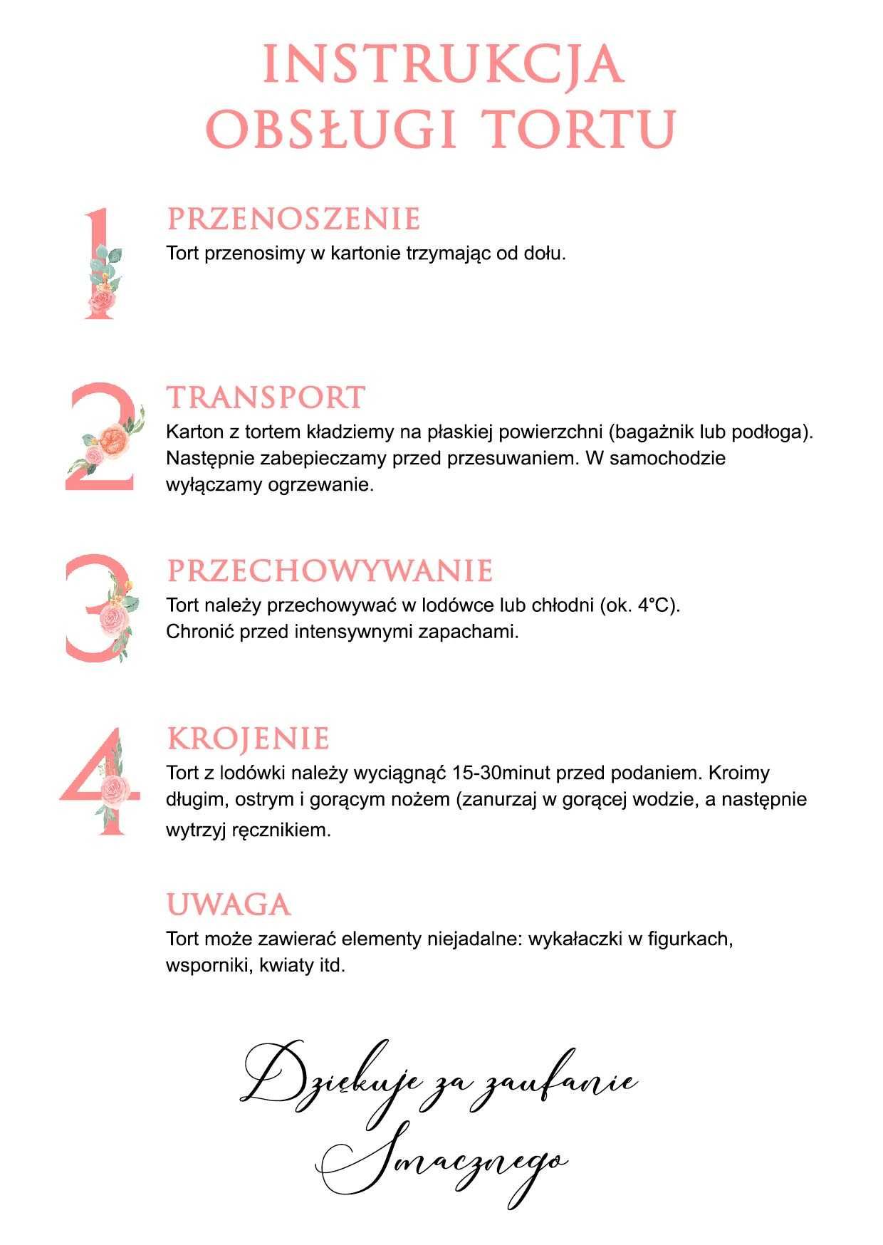 Instrukcja obsługi tortu krojenia etykieta naklejka A5