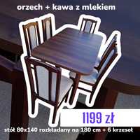 Nowe: Stół 80x140/180 + 6 krzeseł, orzech + kawa z mlekiem, trans PL