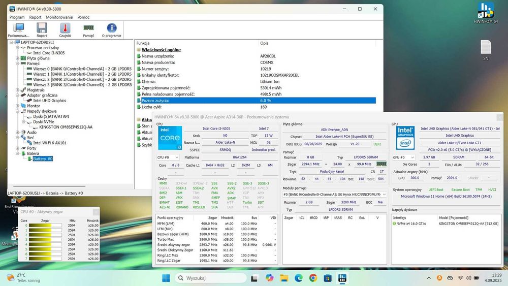 Laptop Acer Aspire A314-36P/14/i3-N305-3.8GHz/8GB/SSD512/Win11 z AI/Gw