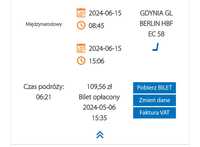 Bilet PKP Intercity Gdynia-Berlin Hauptbahnhof 15.06 sobota