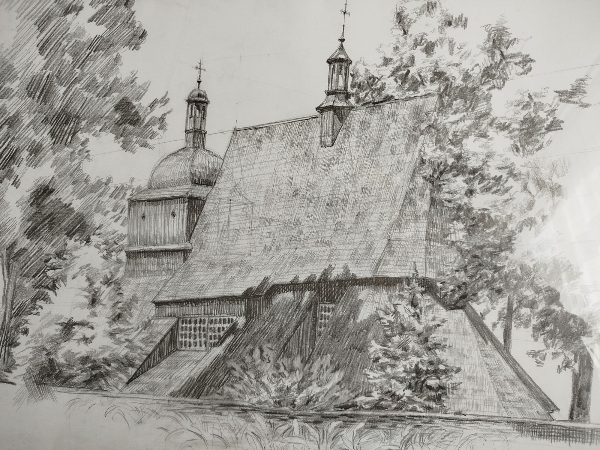 "Drewniany kościół" Rysunek architektoniczny ołówkiem, obraz