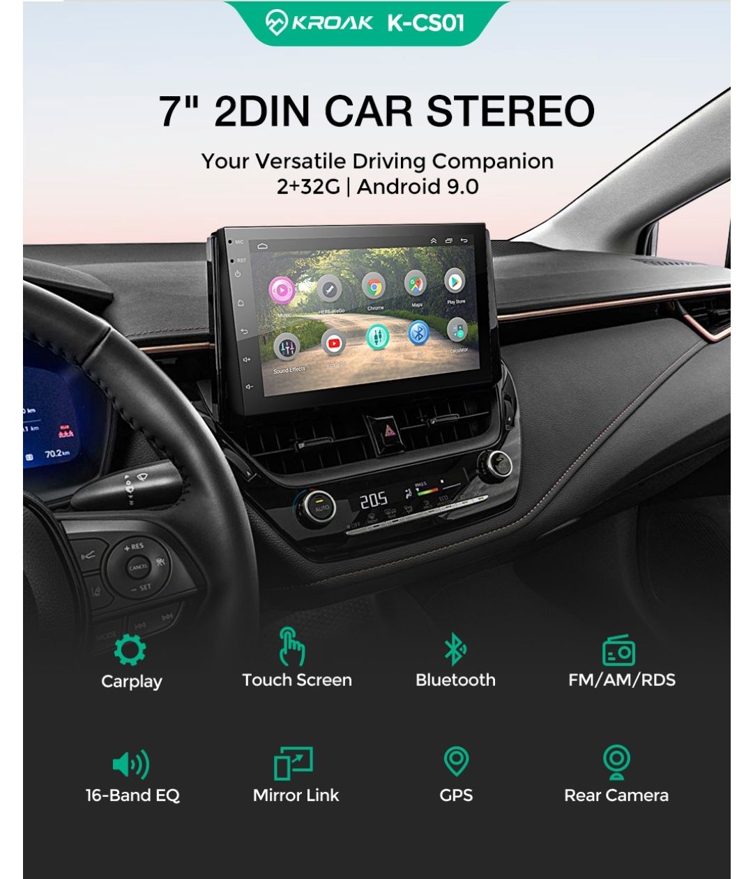 Rádio 2din 7" 2/32GB android 9 gps wifi Mirrorlink + câmara