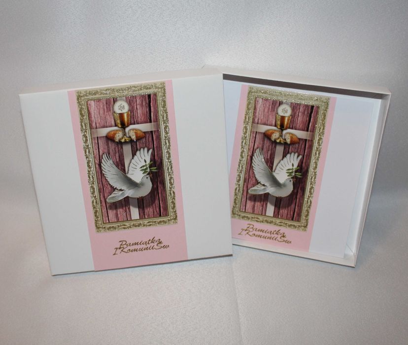 Kartka w pudełku na Pierwsza Komunia Święta biała różowa gołąbek