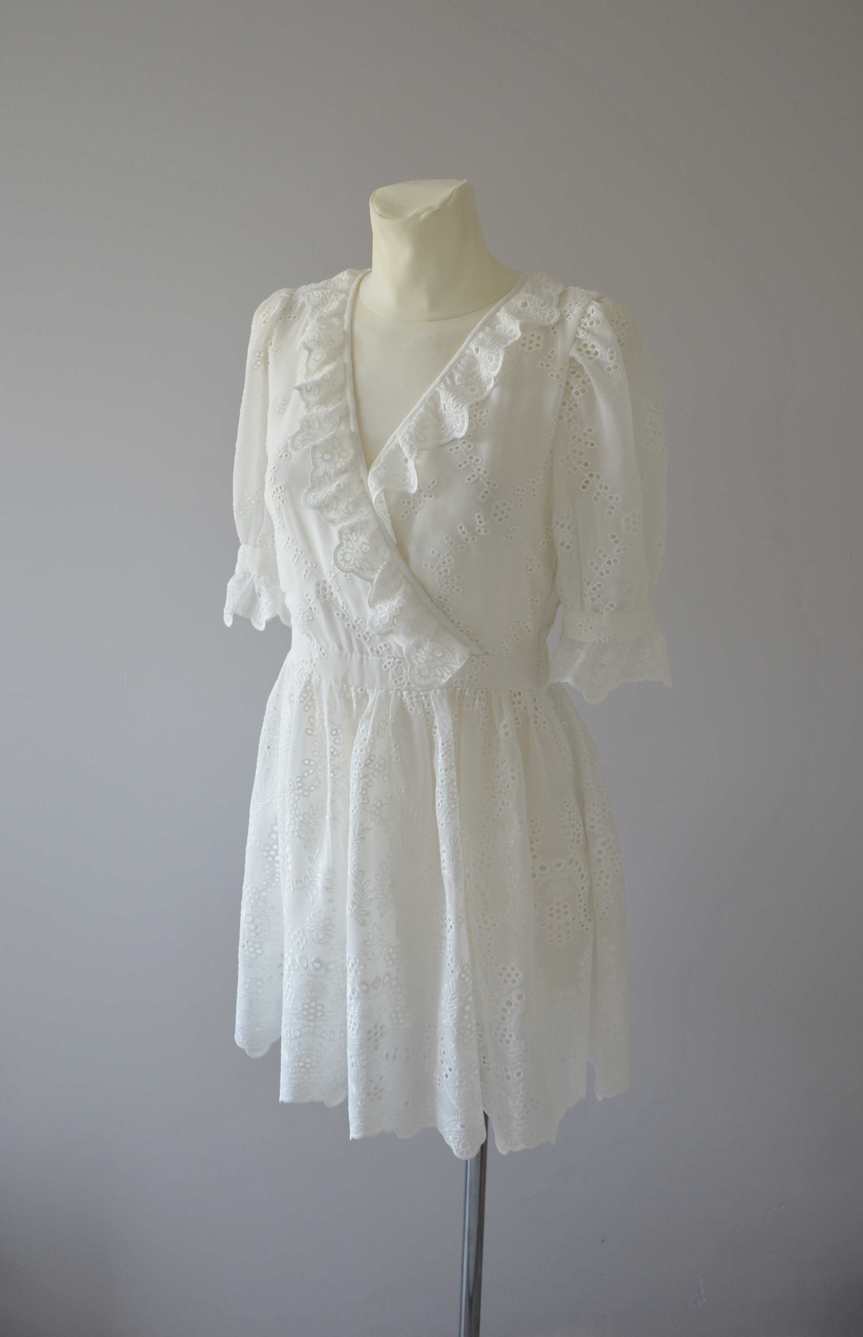 H&M biała ażurowa sukienka bufki haft premium french girl 38 M