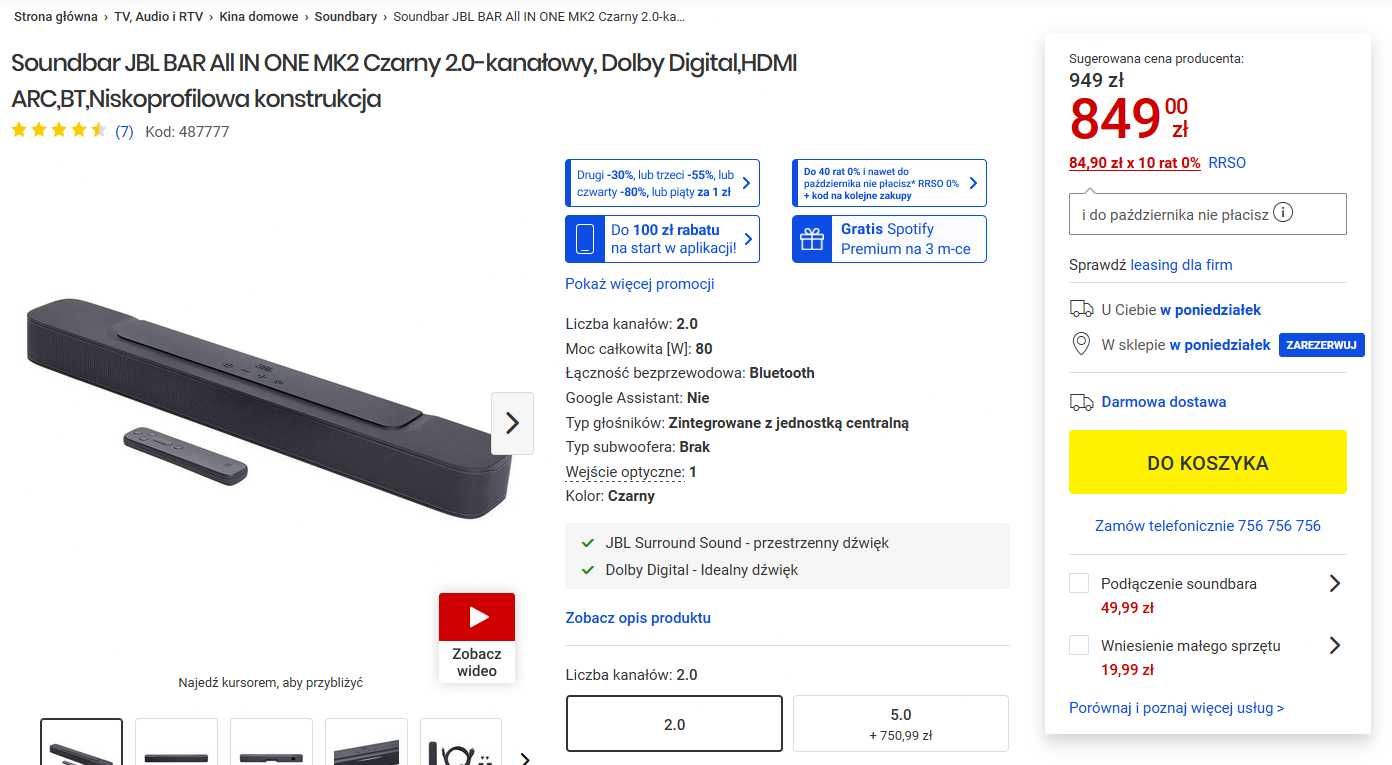 Soundbar JBL BAR All IN ONE MK2 Czarny 2.0-kanałowy, Dolby Digital