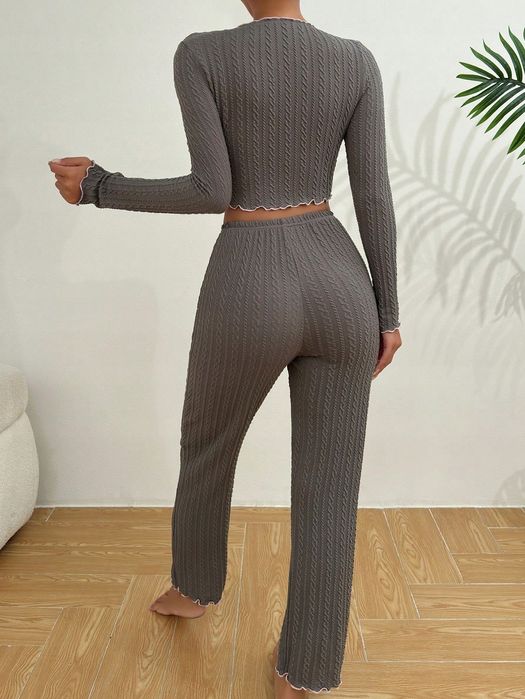 Piżama Komplet Domowy Teksturowany Szary Bluzka + Spodnie Shein L 40