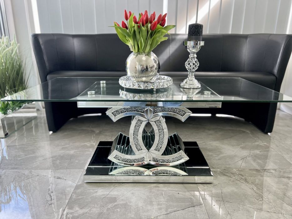 Nowoczesny lustrzany stolik kawowy z kryształkami glamour cc chanel ła