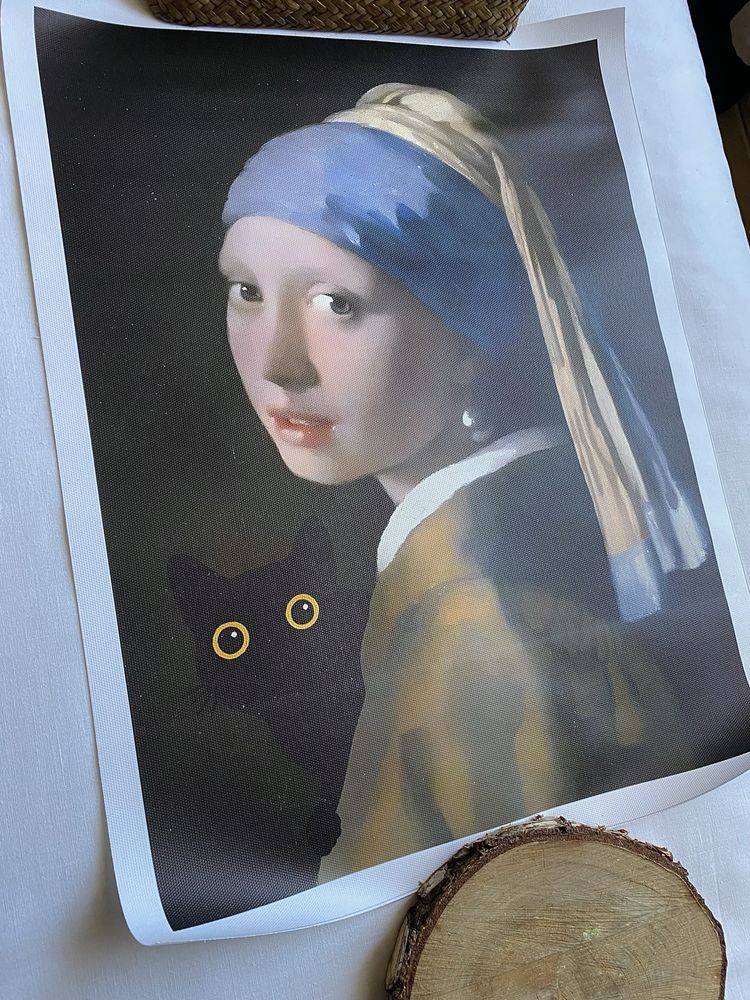 Gobelin na płótnie HD/Kotek i Dziewczyna z Perłą/Johannes Vermeer