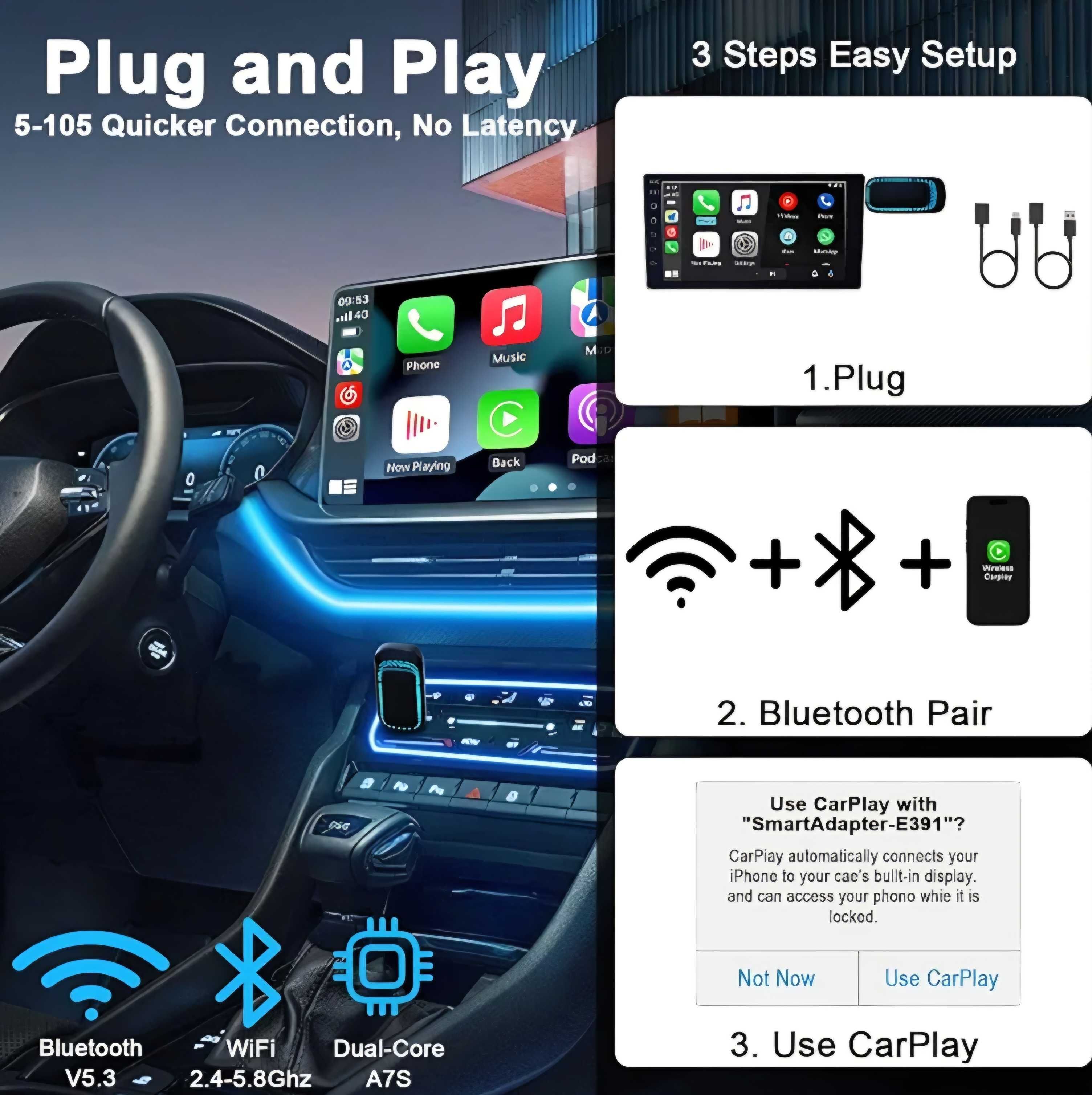 Bezprzewodowy adapter 2w1 Android Auto CarPlay BT WiFi USB-A USB-C RGB