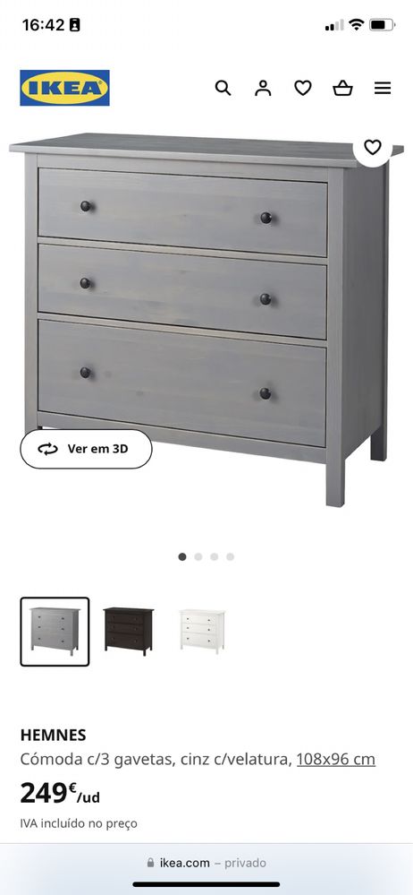 Cómoda cinzenta HEMNES com 3 gavetas com muito pouco uso.