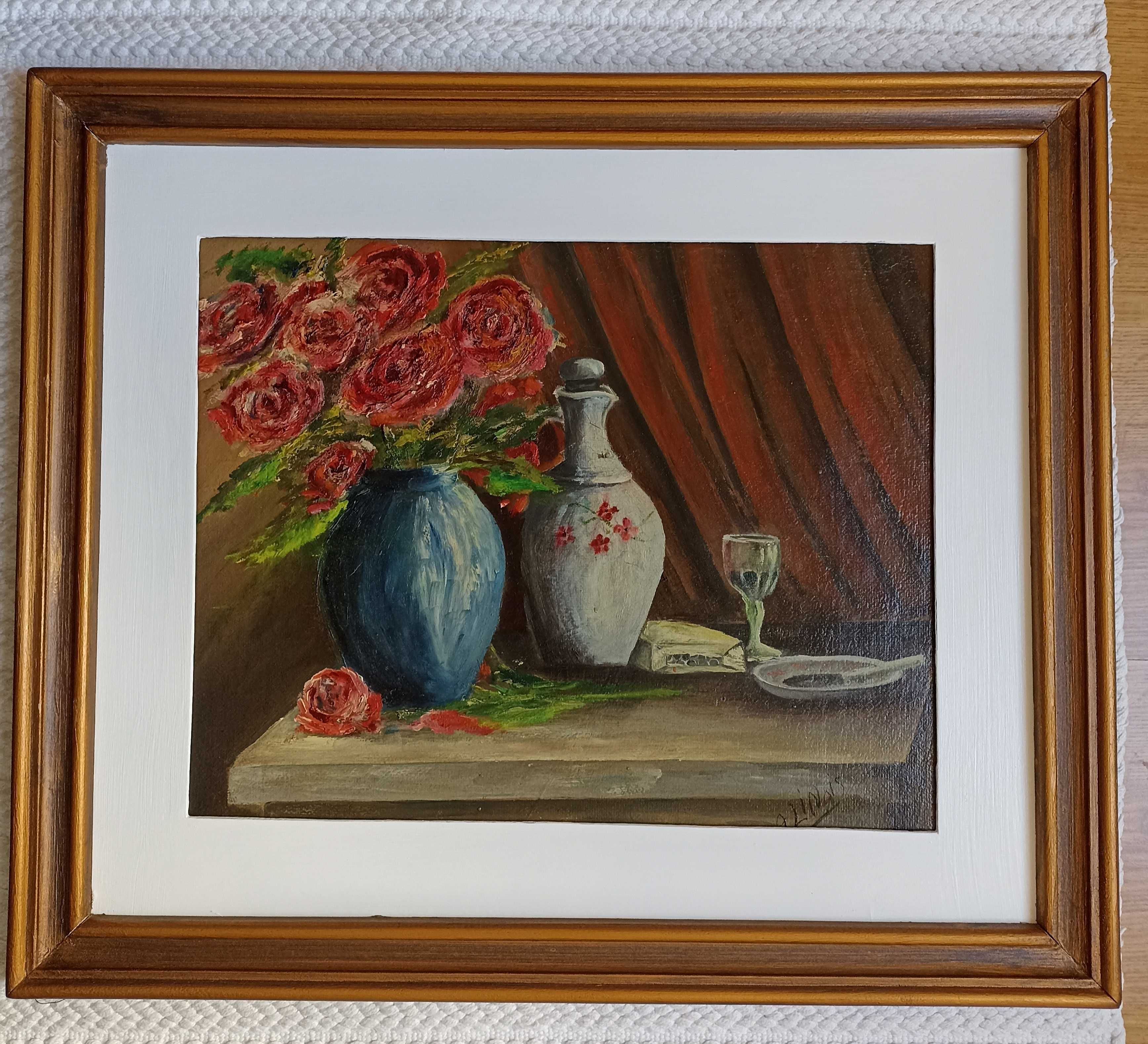 Quadro antigo com moldura pintado a óleo e assinado