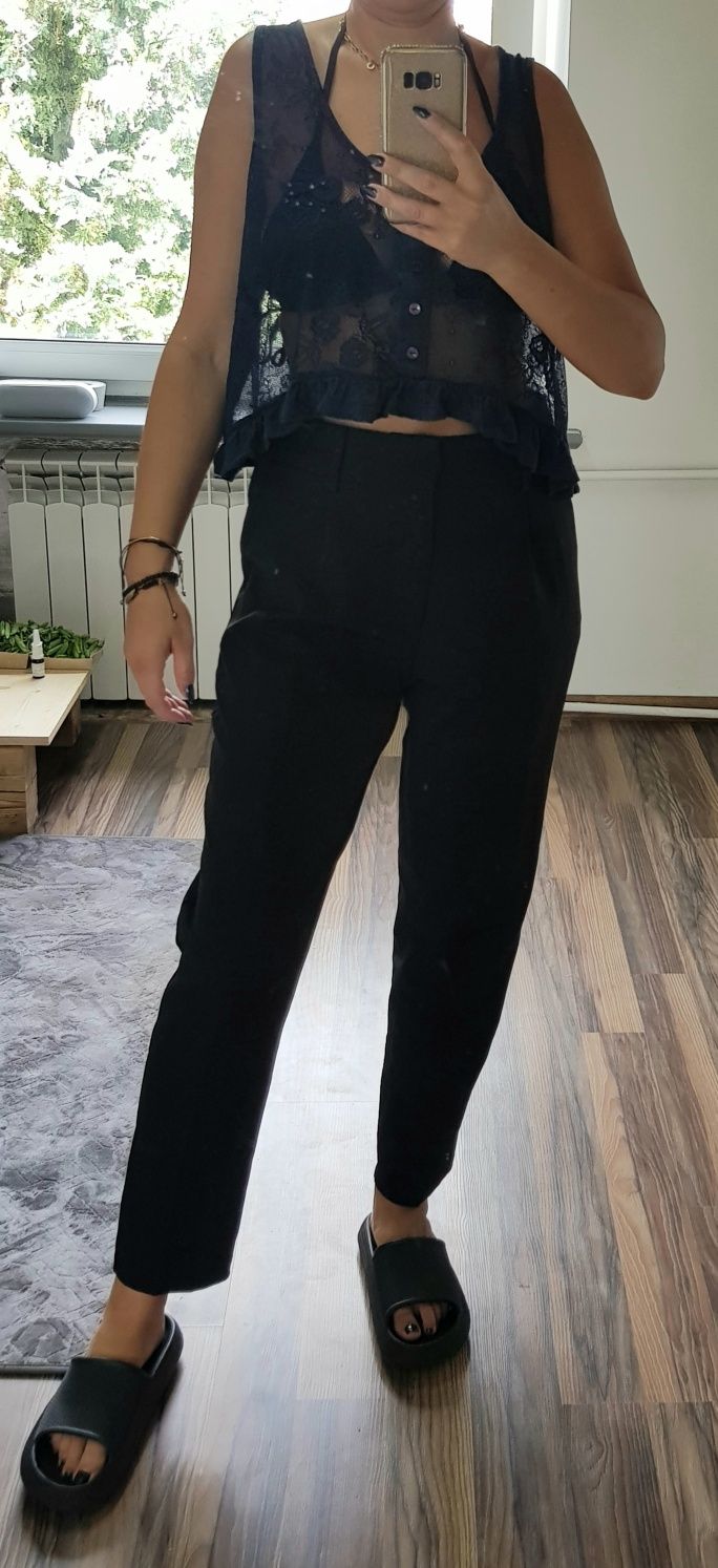 Granatowa bluzka koronka siatka krótka crop top SM