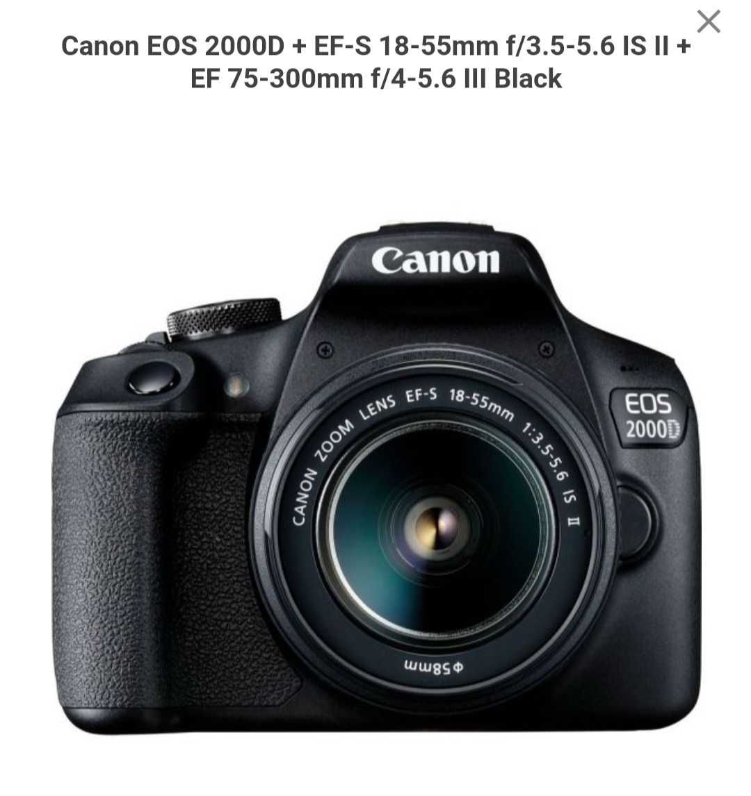 Câmara Canon 2000D, quase nova, preta, com lente adicional 75-300mm