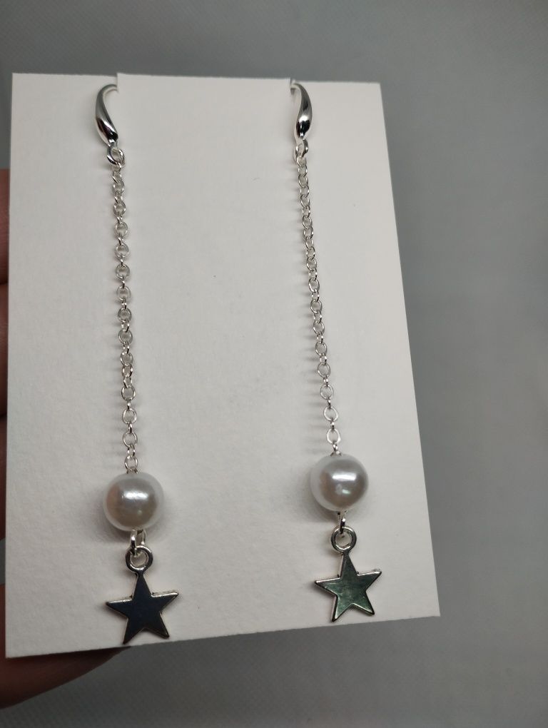 Kolczyki srebrne łańcuszki gwiazdy gwiazdki perły perełki 925