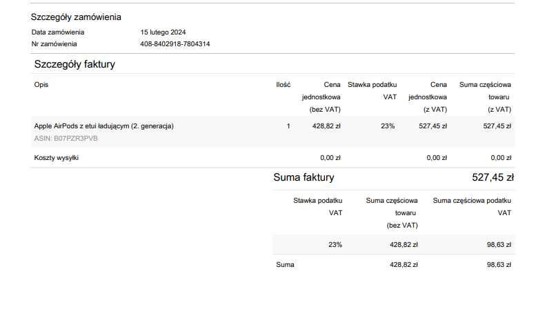 Słuchawki Apple AirPods z etui ładującym (2. gen) kupione w PL, FV