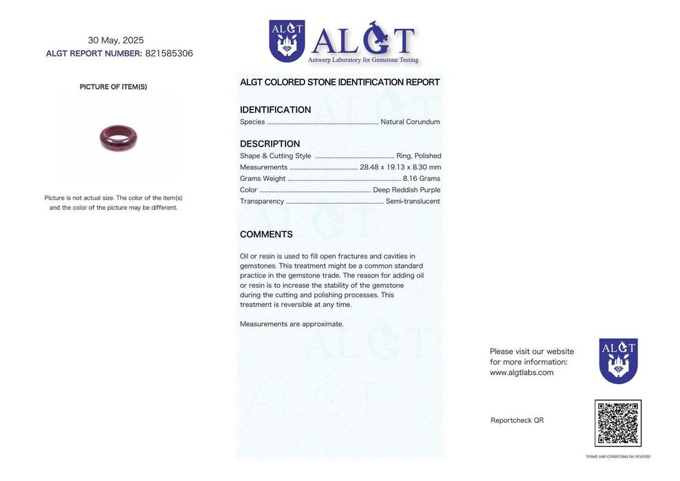 Certificado ALGT - Anel de Rúbido Natural Grande e  Exclusivo- 8.16 g