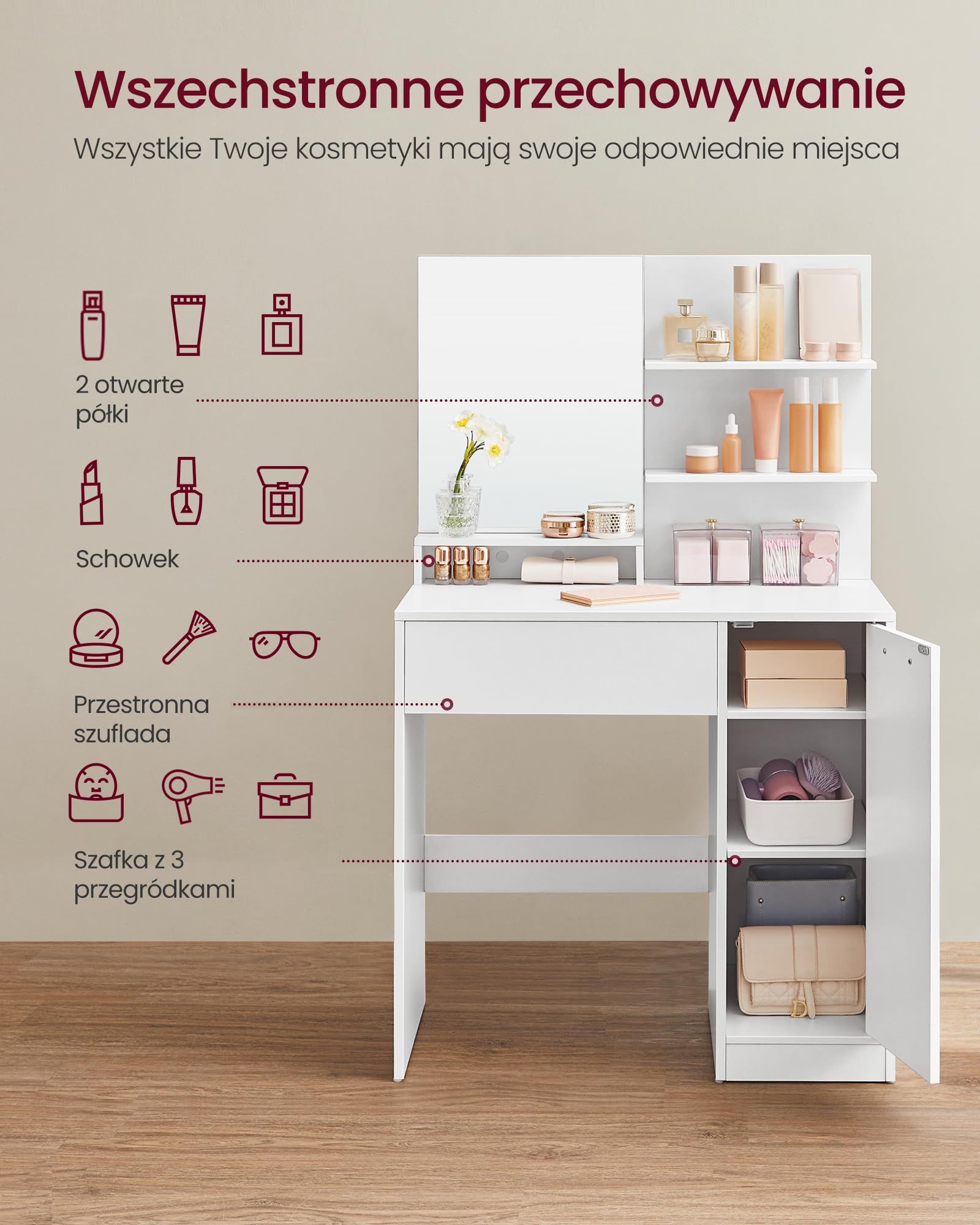 Toaletka z lustrem z szufladą szafka 40 x 80 x 132 cm biała GLAMOUR