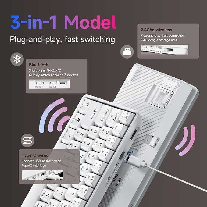 Dierya DK63 Gaming Klawiatura,60% Bezprzewodowa, Bluetooth/2.4G/Type-C