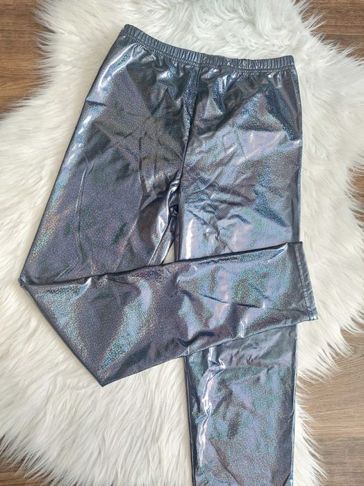 Legginsy disco blyszczace legi spodnie na gumce niebieski brokat s m l