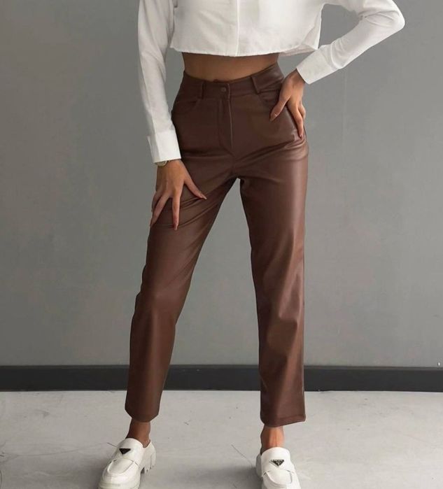 Шкіряні брюки Zara коричневі і чорні