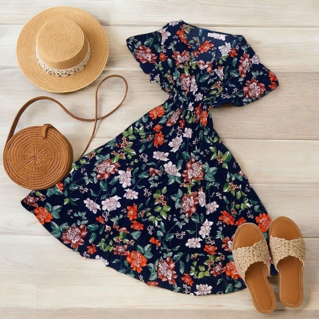 Granatowa Sukienka Kolorowe Kwiaty 100% Bawełna Boho Hippie Folk Retro
