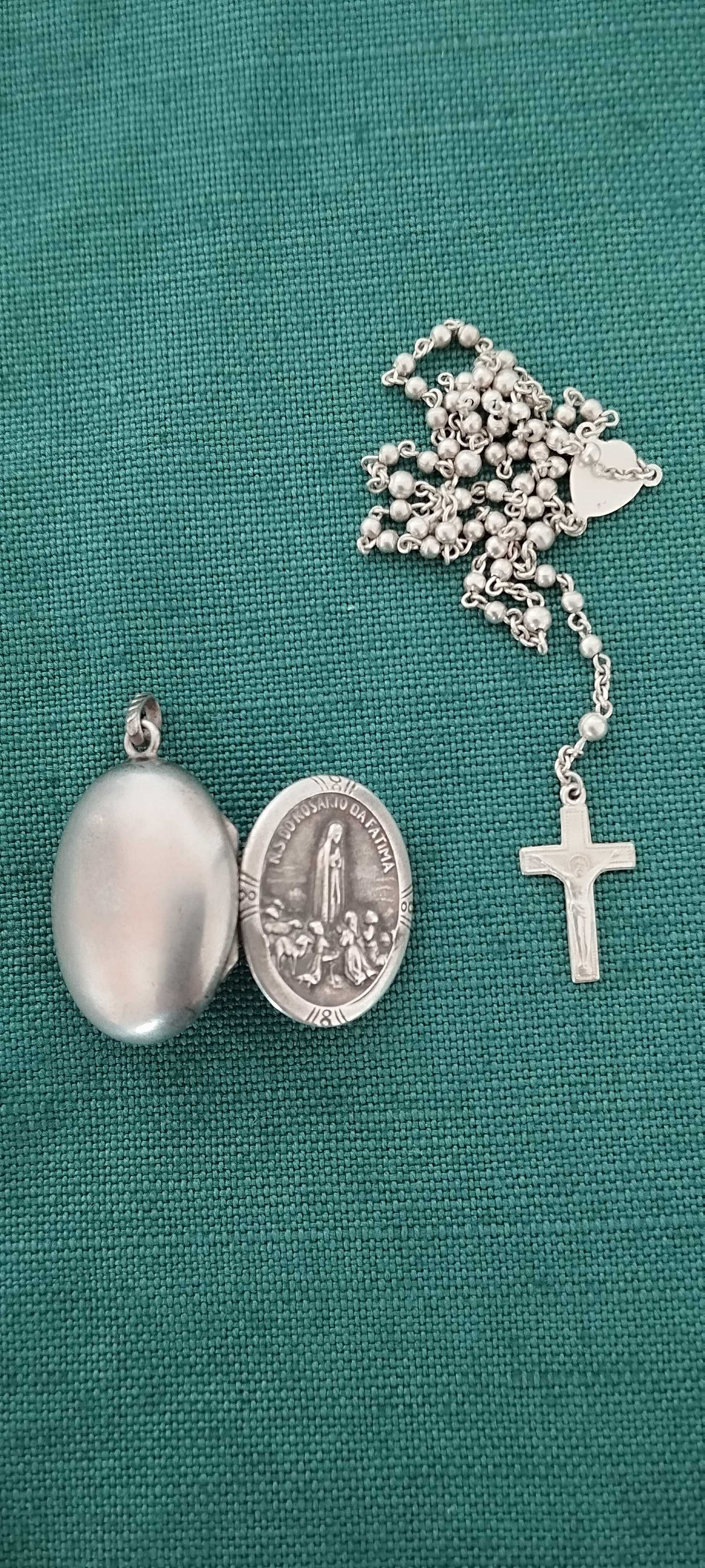 Terço antigo Nossa Senhora do Rosário de Fátima  prata com caixinha