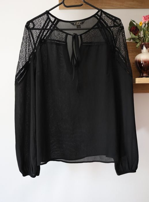 Elegancka czarna szyfonowa bluzka koronka długi rękaw XL/42