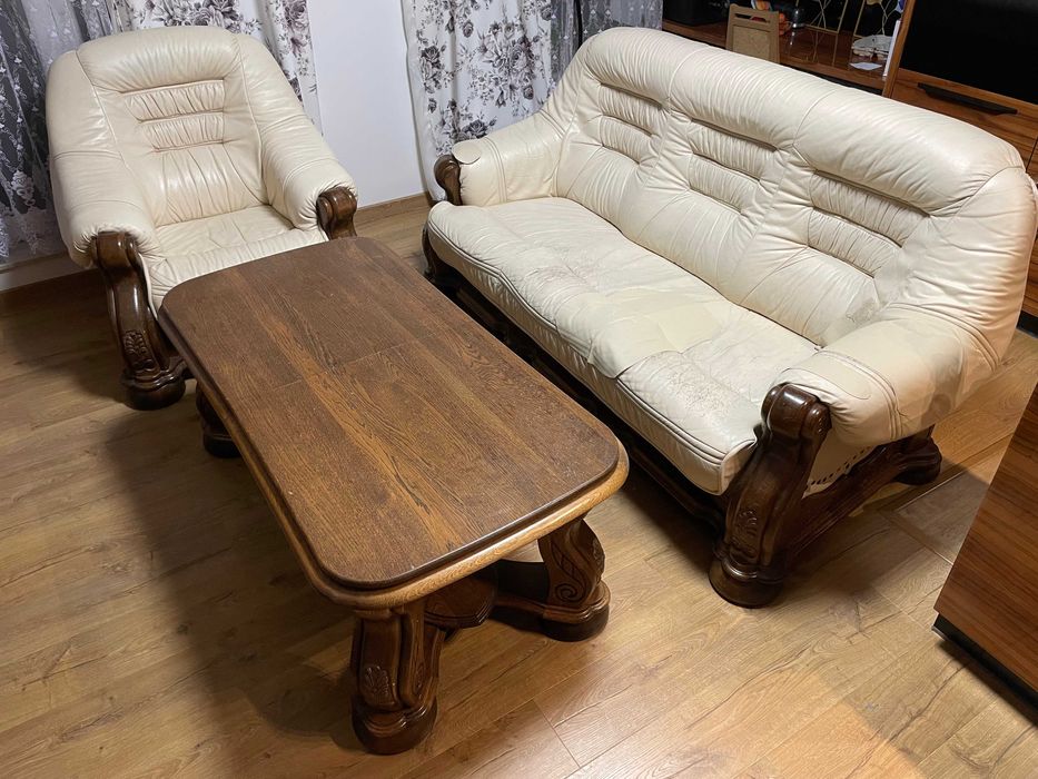 Komplet KLER – sofa 3-osobowa ze spaniem + fotel + stół rozkładany