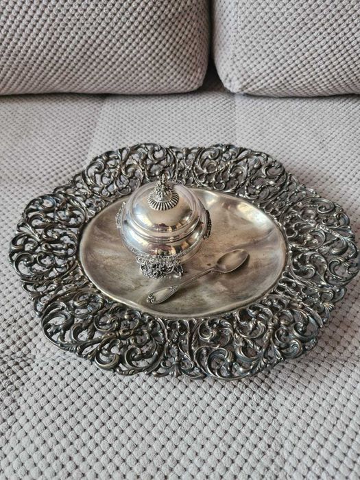 zabytkowy zestaw ze srebra,patera cukiernica łyżeczka,zestaw,próba 800