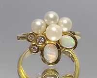 Pierścionek, złoto 14K opale, diamenty, perły morskie
