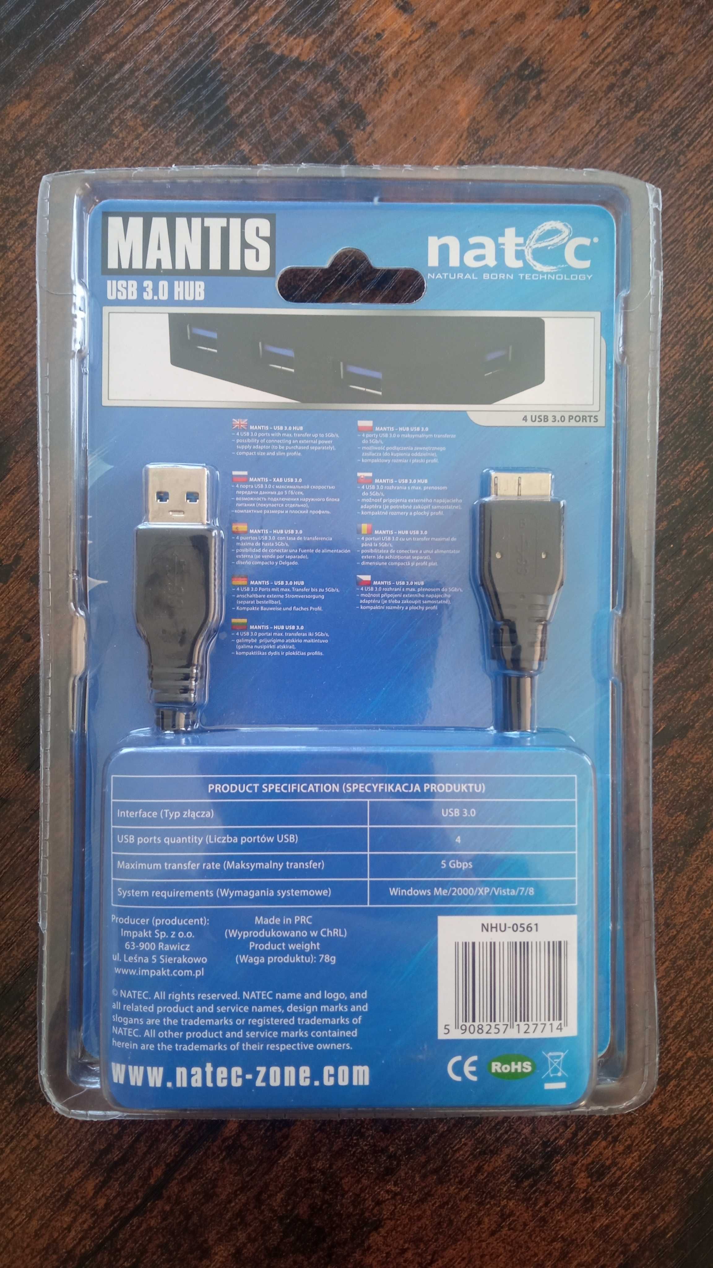 Szybki HUB USB 3.0 Natec 4 porty rozgałęziacz