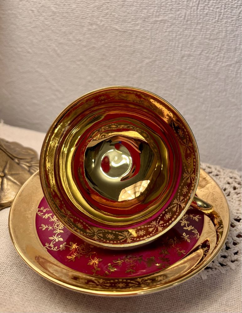 Elegancki CARLSBAD GLORIA Złoty Mocca Serwis filiżanka dzbanek Vintage