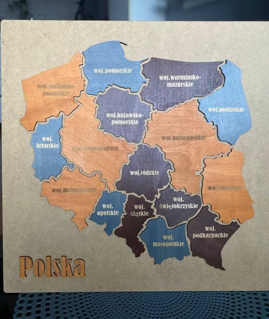 Drewniana mapa Polski 3D Miasta dekoracja ścienna
