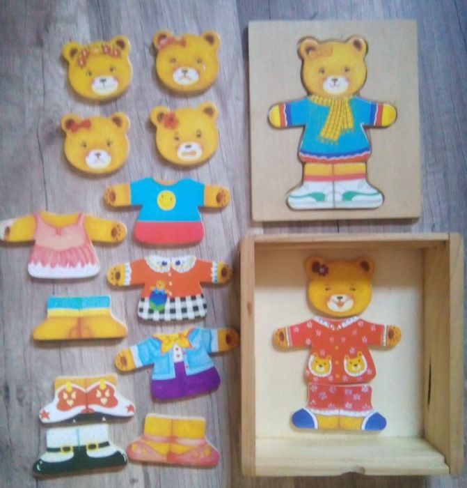 Drewniana zabawka kreatywna dla dziecka od 18mca życia Misio+ubranka