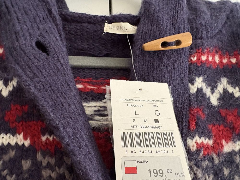 Oysho sweter kardigan z wełną L nowy kaptur
