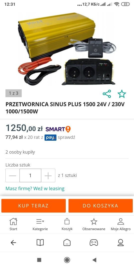 Інвертор инвертор чистий синус Volt 1000/1500W  24V/220V