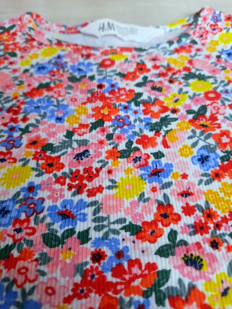 Bluzka bluzeczka top w prążek multi kolorowe kwiaty h&m 98/104