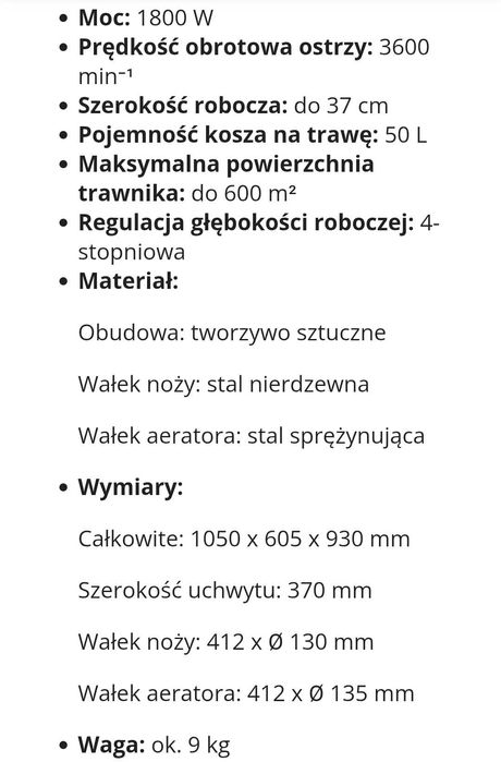 Parkside Elektryczny wertykulator i areator 1800 wat