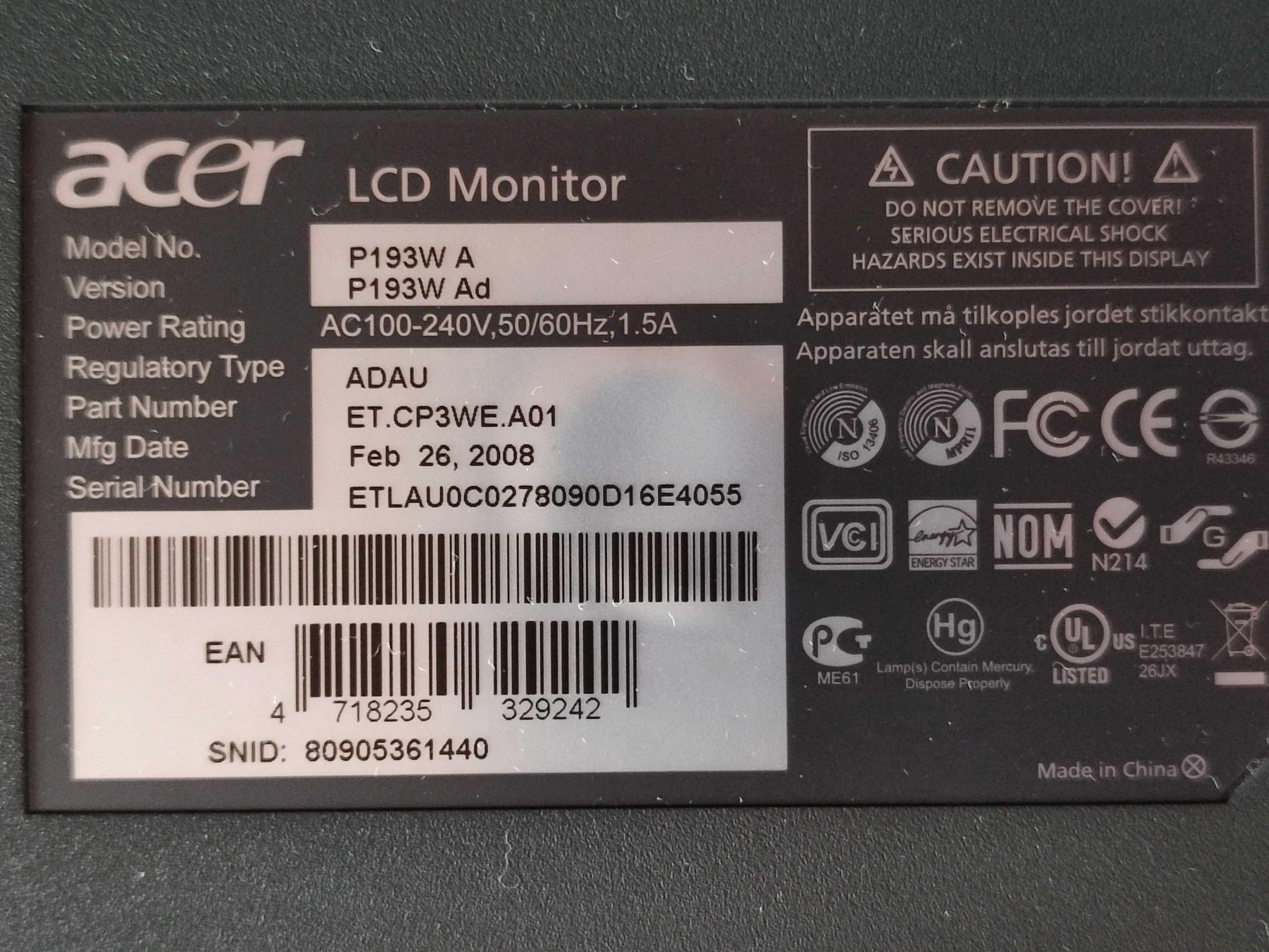 Продам монитор Acer P193W A на запчасти или восстановление.