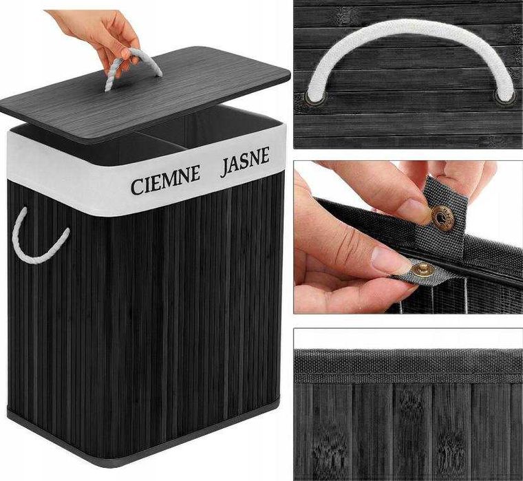 Kosz Bambusowy na pranie bieliznę Zamykany Dwukomorowy Pojemnik 100l